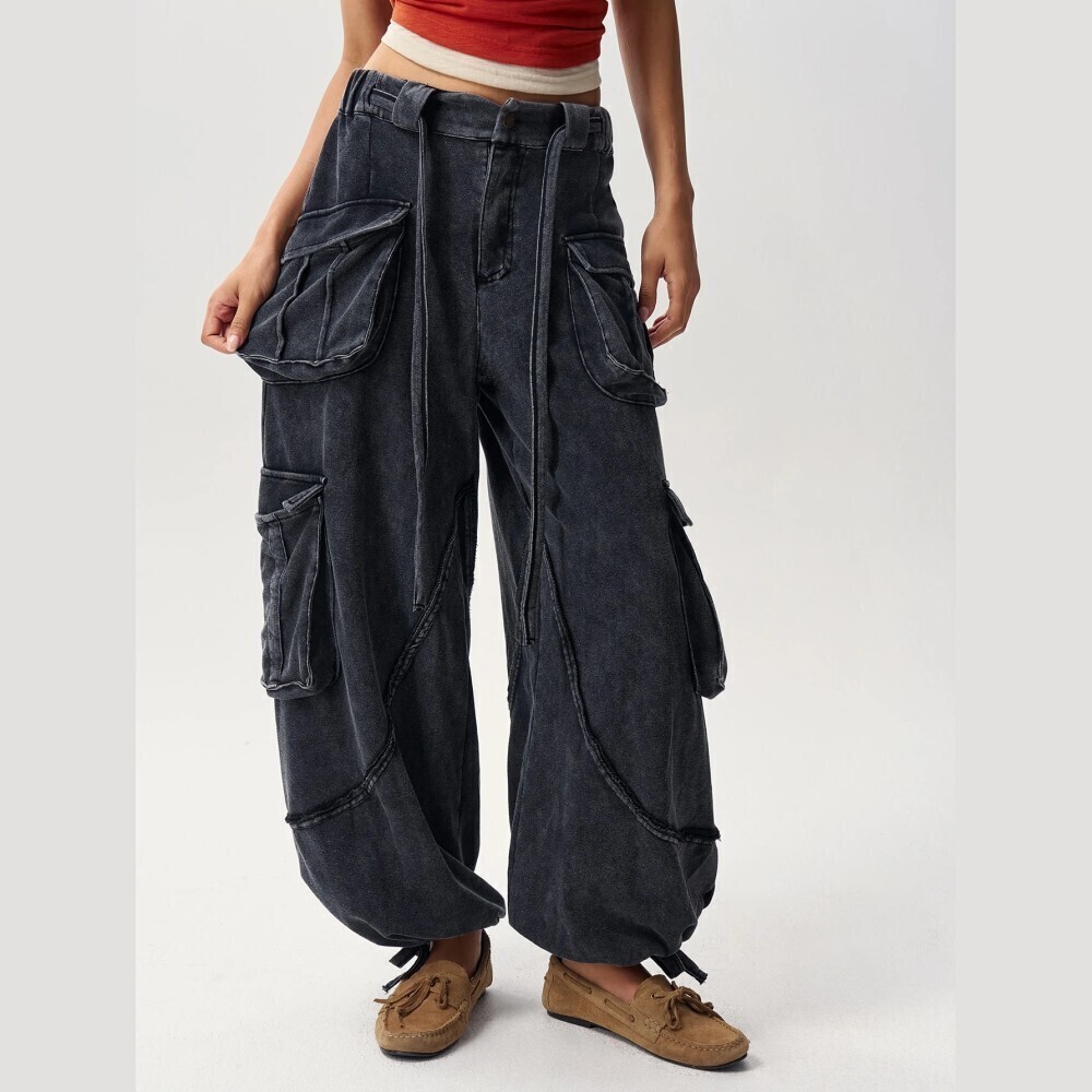 Washed Black Chambray Denim Cinched Hem Wide Balloon Leg Cargo Jogger Pants